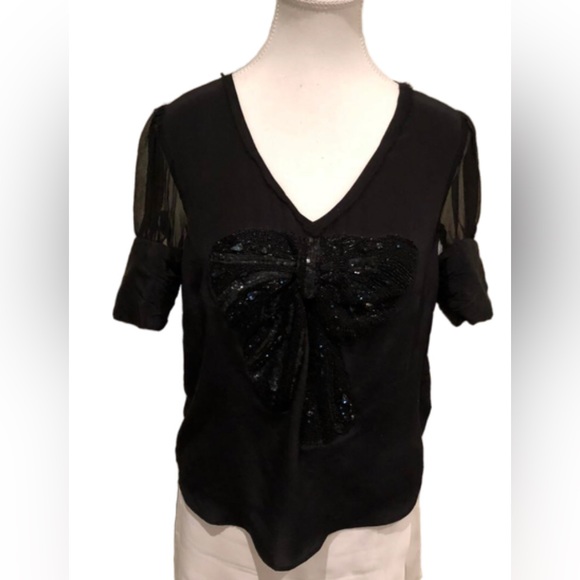 Hoss Intropia Black Silk Top with Beaded/ Sequin Bow and Puffed Sleeves - Picture 4 of 13